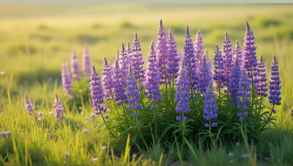 Violet Lupines Swaying In Sunlit Grassy Plain