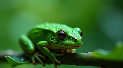 Vivid Emerald Tree Frog On Leafy Branch