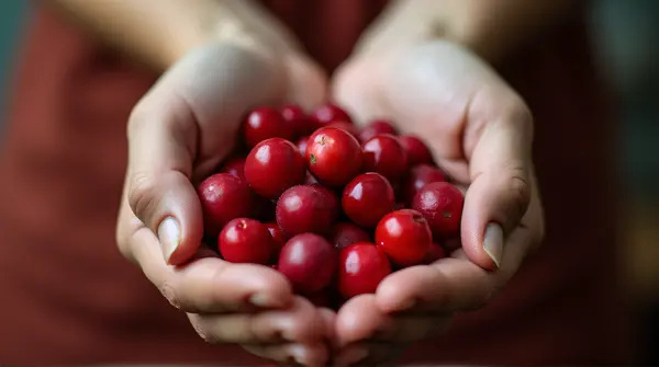 Close-up of a person grasping bright red fruits showing contrast between skin and fruit.