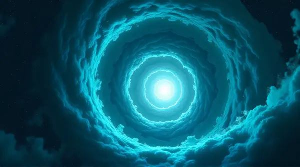 Swirling spiral of turquoise and cerulean hues radiating from a bright center on a dark background.