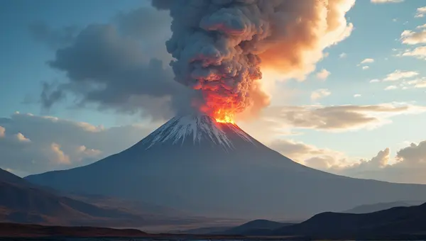 Volcanic Eruption Emitting Ash And Lava Plumes