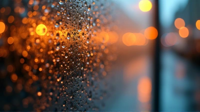 Water Droplets On Glass With Warm Amber Glow