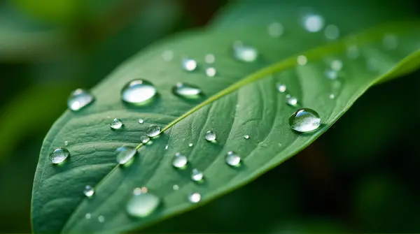 Close-up of water droplets scattered on a green leaf with visible veins under soft light