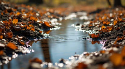Water Pool On Uneven Earth With Fallen Leaves