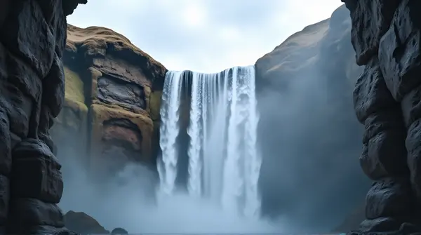 Vertical water streams descending into a misty pool surrounded by jagged stones under a cloudy sky.
