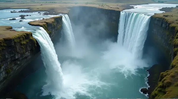 High-angle view of water streams falling into mist-covered pools amid rocky terrain and scattered plants.