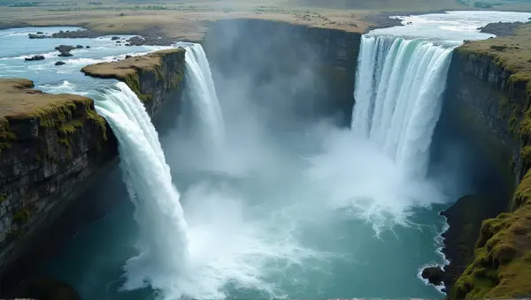 Water Streams Flowing Into Misty Pools With Rugged Terrain
