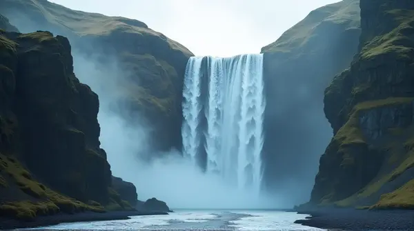 Multiple water streams flowing down jagged escarpments into a mist-filled basin surrounded by rugged terrain
