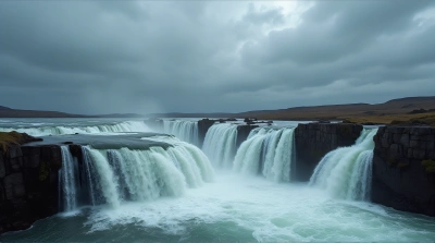 Water Streams Flowing Over Stone Ledges With Gray Sky