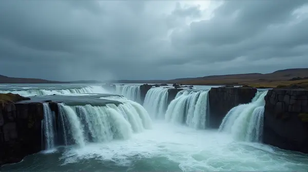 Multiple water streams flowing down stone ledges beneath a textured gray sky from a low angle