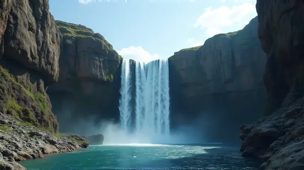 Waterfall Flowing From Rocky Precipice Into Pool