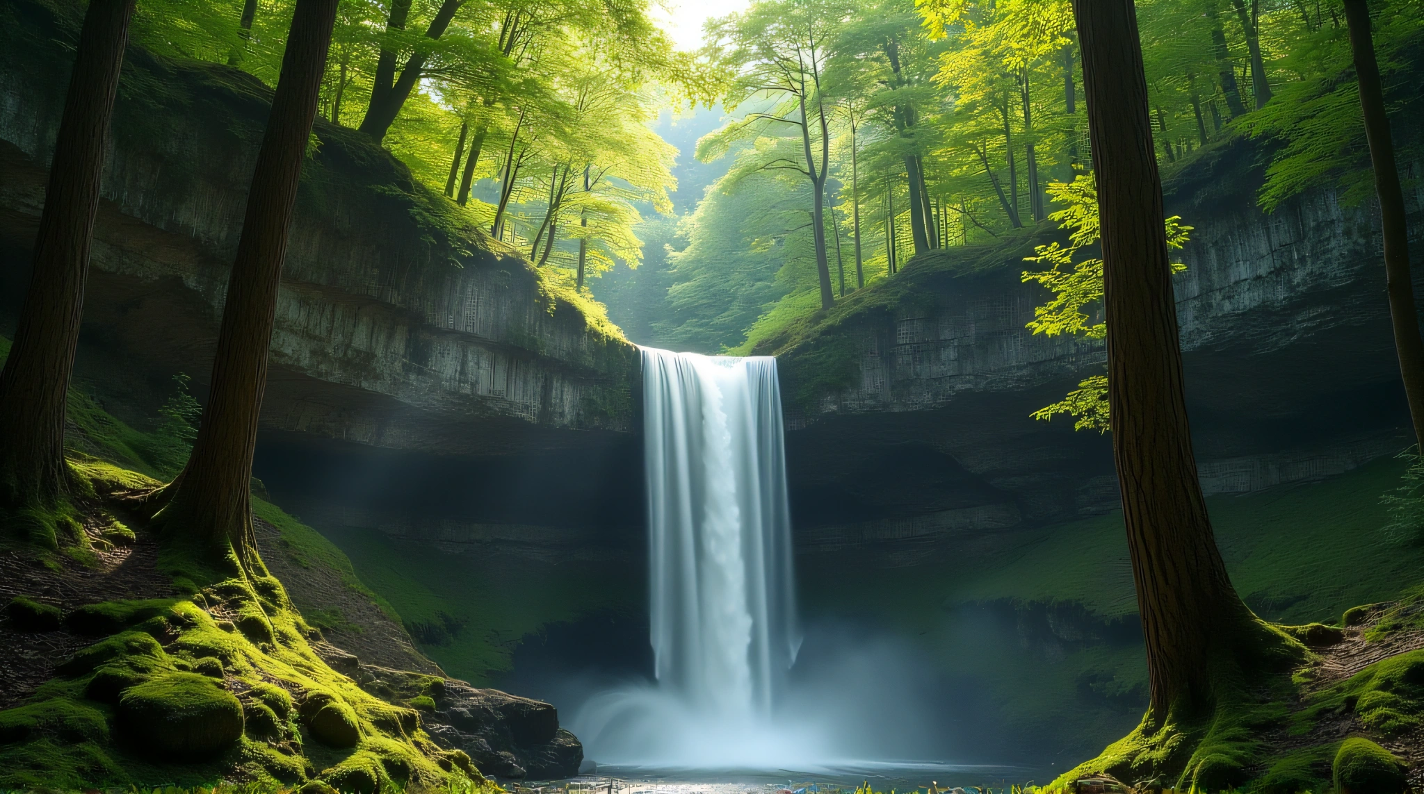Waterfall In Forest With Sunlight Filtering Through Trees