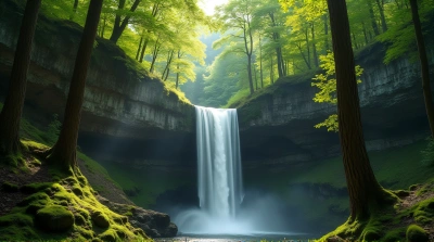 Waterfall In Forest With Sunlight Filtering Through Trees
