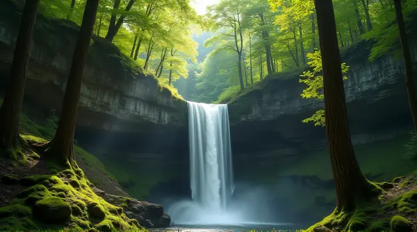 Waterfall In Forest With Sunlight Filtering Through Trees