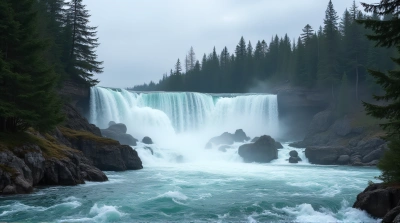 Waterfall Over Jagged Rocks With Pine Trees