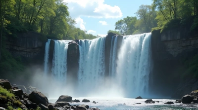 Waterfall Over Jagged Rocks Under Bright Sky