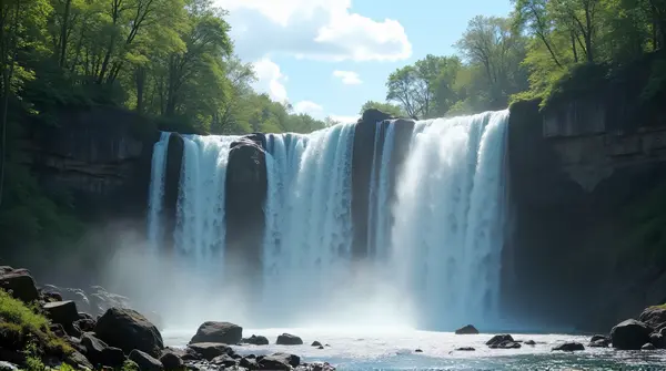 Waterfall Over Jagged Rocks Under Bright Sky