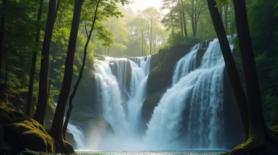 Waterfalls Cascading Between Tall Tree Trunks With Sunlight
