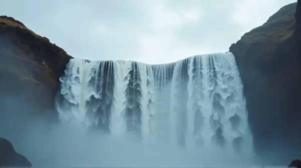 Multiple streams of water falling from a cliff with mist at the base under a cloudy sky.