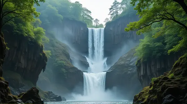 Series of waterfalls cascading down rugged cliffs framed by thick foliage, captured from a low angle showing height and depth.