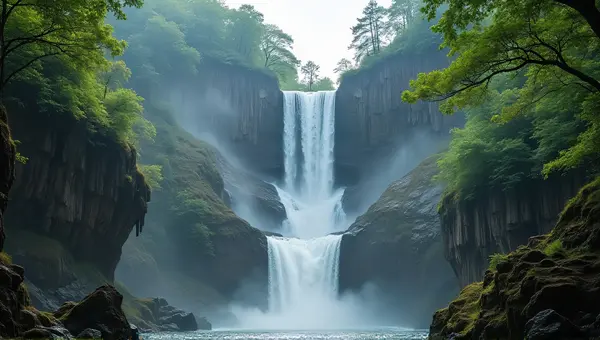 Waterfalls Flowing Down Rugged Cliffs With Foliage