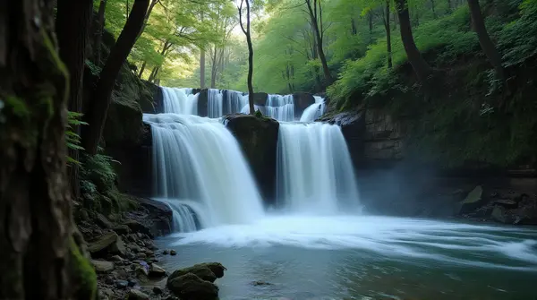 Waterfalls Flowing Through Dense Greenery