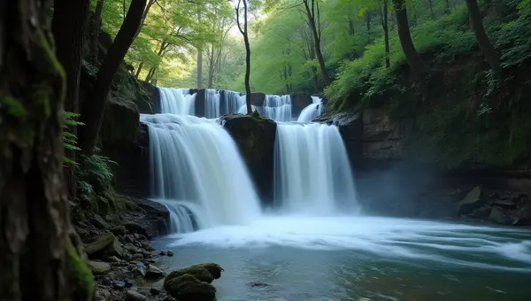 Waterfalls Flowing Through Dense Greenery
