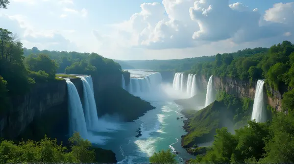Multiple waterfalls cascading through a green woodland valley under white clouds seen from above