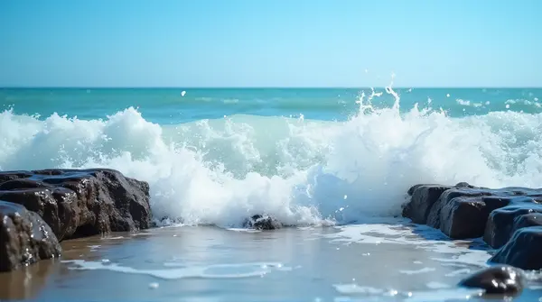 Waves Crashing On Jagged Stones By The Sea