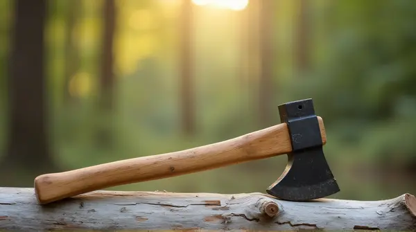 A weathered axe with wooden handle resting diagonally on a pale sun-bleached log in front of a soft forest background.