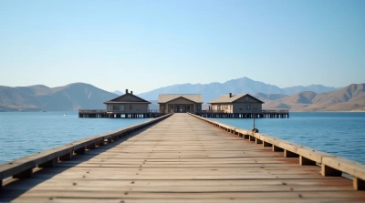 Weathered Boardwalk Path Leading To Lakeside Buildings