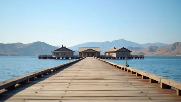 Weathered Boardwalk Path Leading To Lakeside Buildings