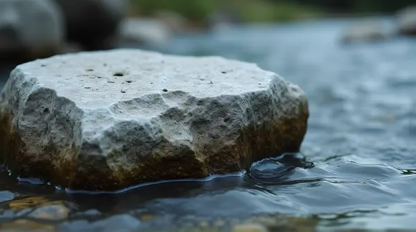 A weathered stone partially submerged in a shallow pool with gentle flowing currents captured from a low angle.