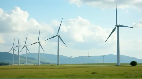 Row of tall white aerodynamic generators slowly spinning on a lush meadow with distant hills and partly cloudy sky