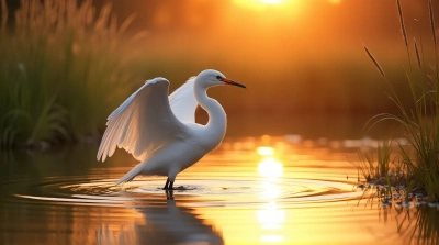 White Bird Spreading Feathers At Sunrise Over Pond