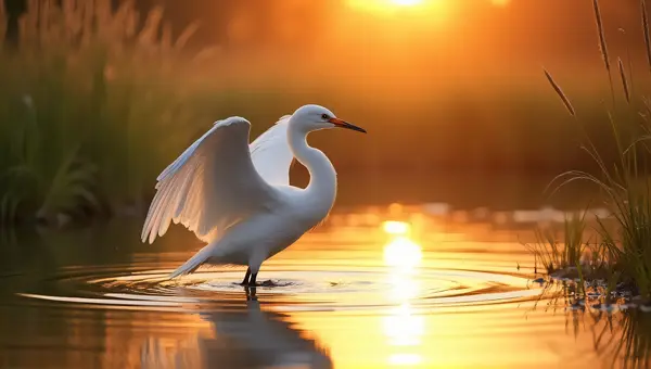 White Bird Spreading Feathers At Sunrise Over Pond