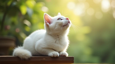 White Cat Perched on Wooden Ledge in Garden