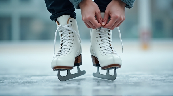 White Ice Skates Lacing Up On Reflective Surface