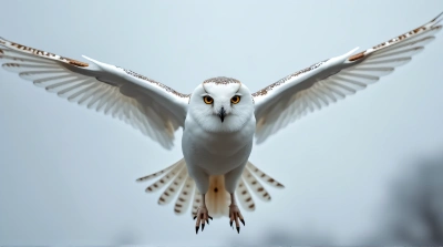 White Owl In Flight With Piercing Eyes
