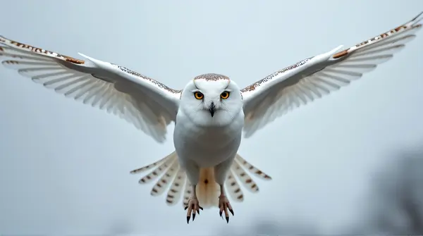White Owl In Flight With Piercing Eyes