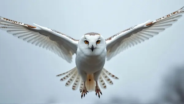 White Owl In Flight With Piercing Eyes
