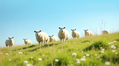 White Woolly Animals Scattered In Vibrant Meadow