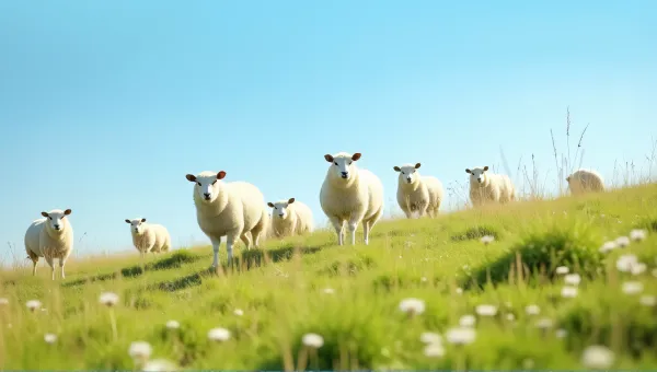 White Woolly Animals Scattered In Vibrant Meadow