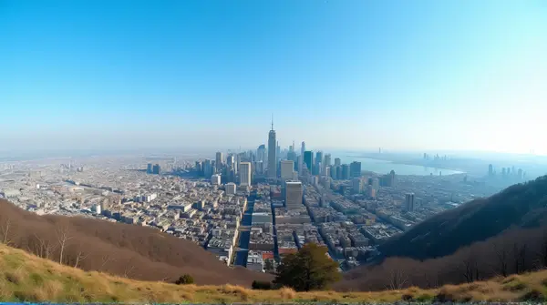 Wide-Angle Downtown Skyline From Hilltop View