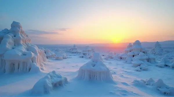 Wide-angle view of a bright sky filled with fluffy white clouds lit by warm sunset tones near the skyline.