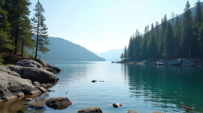 Wide-Angle View Of Evergreen Forest And Rocky Shore