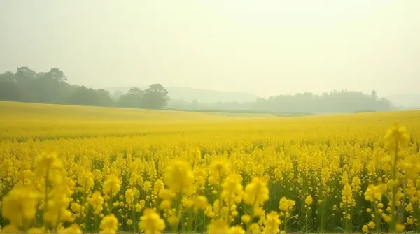 Expansive area of tall yellow flowers covering gently rolling hills with distant trees and an overcast sky.