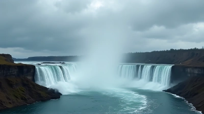Wide Waterfall Flowing From Steep Ledge Under Cloudy Sky