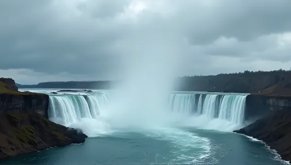 Wide Waterfall Flowing From Steep Ledge Under Cloudy Sky