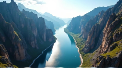 Wide Waterway Beside Rocky Peaks Under Bright Sky